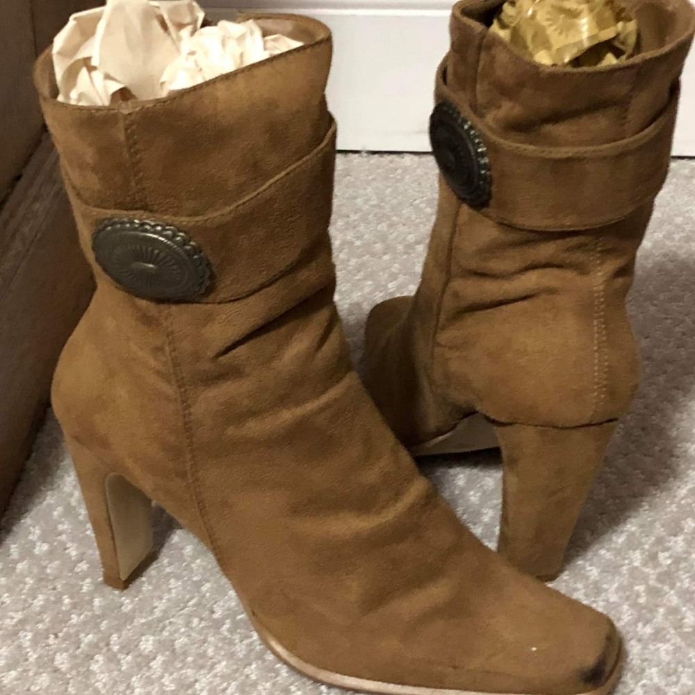Tan suede mid calf boots